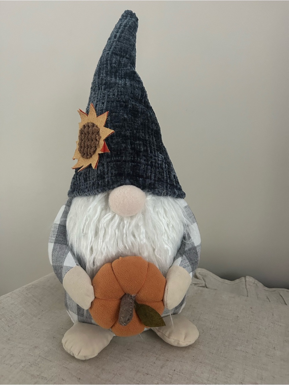 Plush Fall Gnome with Orange Pumpkin and Gray Hat